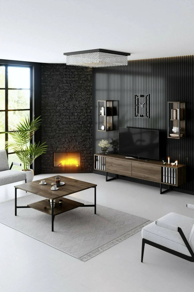 Mobile porta TV Iva, Credenza da soggiorno, Armadio basso per TV, Base parete attrezzata, 180x30h48 cm, Noce e Nero