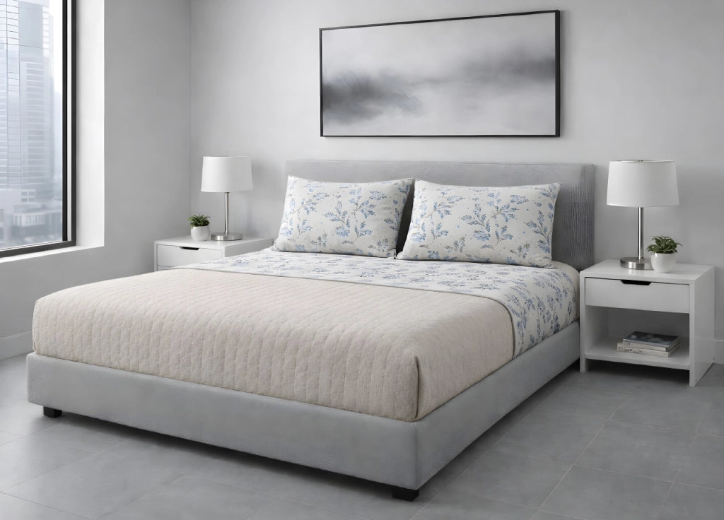 Completo Lenzuola Letto 100% Cotone Made In Italy Disegno Sambuco - Piazza e Mezza - Lavanda