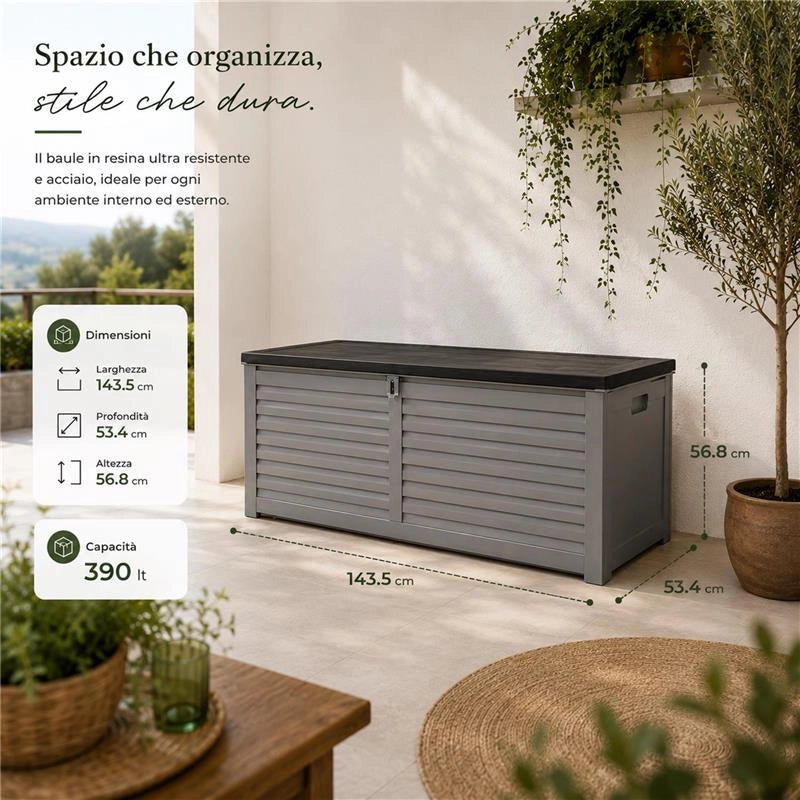 BAULE DA ESTERNO CASSAPANCA BOX CONTENITORE PORTAOGGETTI PER GIARDINO 390 LT