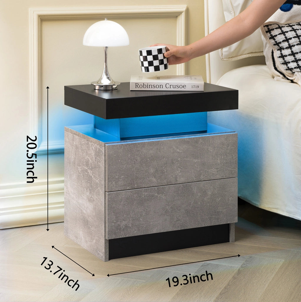 Comodino con luci LED regolabili e 2 cassetti in legno ingegnerizzato grigio