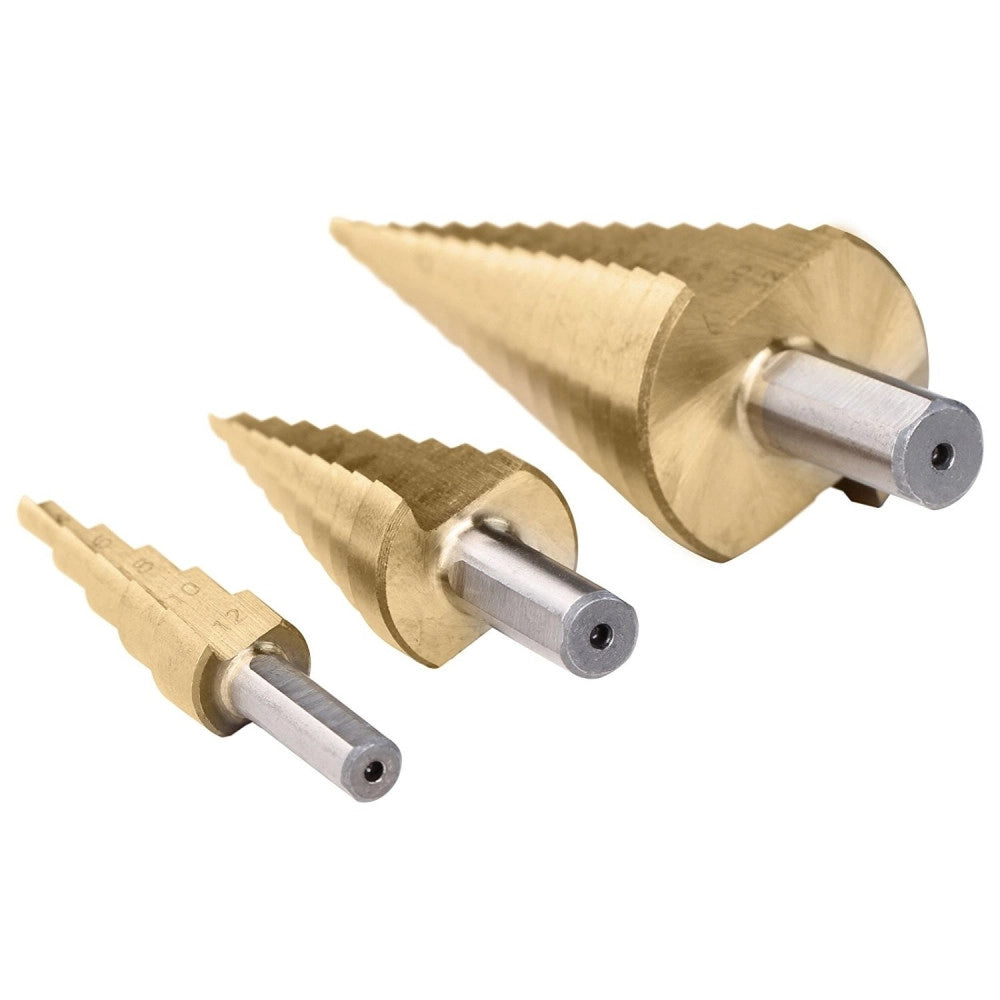Trade Shop - Kit 3 Punte Frese Coniche Gradino 4-12 4-20 4-32 1/4 Titanio Trapano Avvitatore -