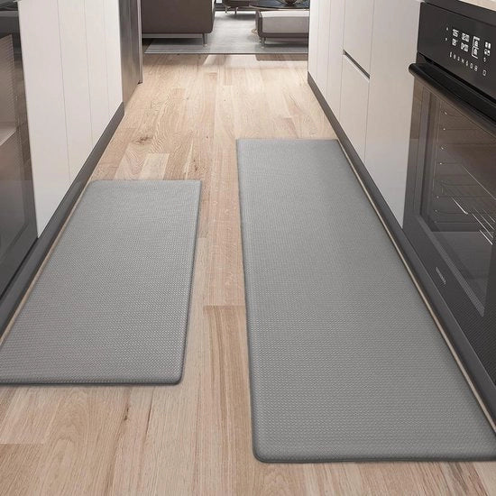 Mat di Cucina in Pelle Resistente alla Rotura Grigio 44 x 75 + 44 x 150 cm - Antiscivolo Lavabile Impermeabile all'Acqua - Mat di Cucina Comfortevole per Cucina e Salotto