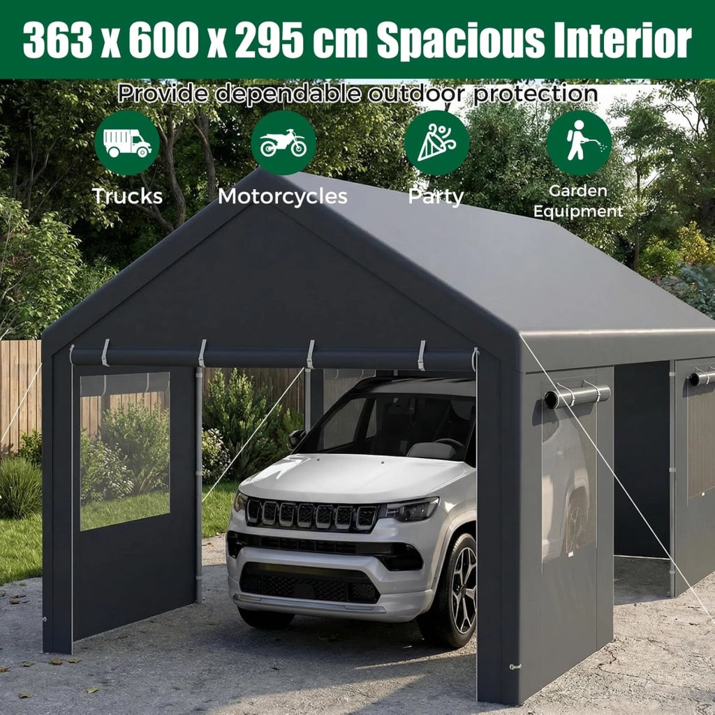 Tenda Garage Auto Esterno, Tettoia per Auto con Telaio in Metallo, Copertura in PE Resistente alle Intemperie, Capanno Giardino per Vehicolo, Bici, Moto, Attrezzi (Grigio, 363 x 600 x 295 cm)
