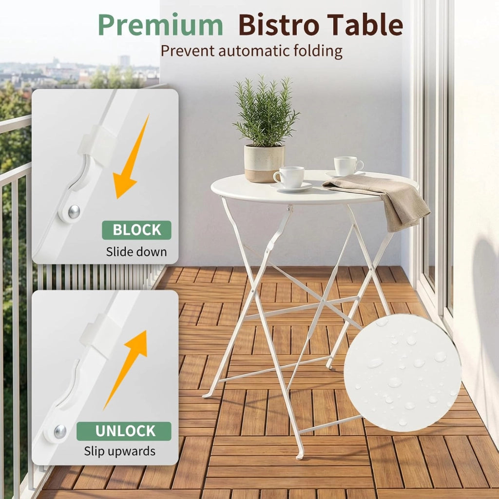 Set da Bistrot Pieghevole 3 Pezzi, Tavolo da Giardino Bistrot in Metallo, 1 Tavolo e 2 Sedie per Piccoli Balconi, Resistente alle Intemperie, per Balcone, Giardino e Terrazzo, Bianco