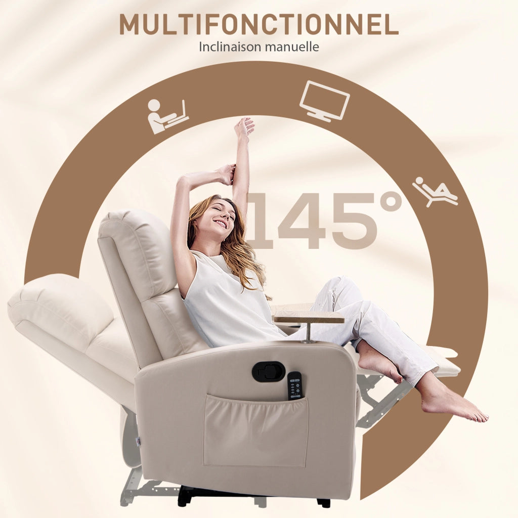 Poltrona relax massaggiante reclinabile ¨C Zephmum ¨C Tessuto microfibra beige con braccioli e vassoio