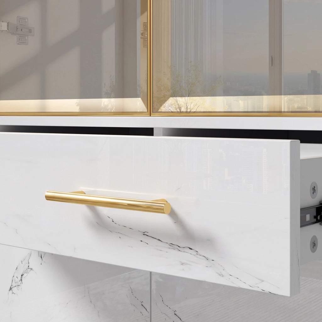 Vetrina con 2 ante in vetro, LED APP, 2 cassetti e ripiani, per soggiorno e sala da pranzo, bianco, 75 × 38 × 170 cm