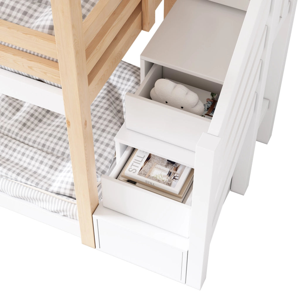 Letto a castello per bambini a tema casetta sull’albero 90x200 cm in legno massello e MDF, naturale e bianco