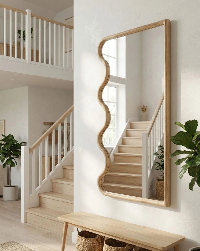 Specchio da parete in legno chiaro con cornice in paulownia e vetro 150 x 69 cm, pezzo d'arredo decorativo irregolare da parete in stile moderno