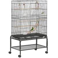 Gabbia per Uccelli in Acciaio con Posatoi, Giochi, Contenitori per Cibo e Vassoio, 79x49x133 cm, Nero