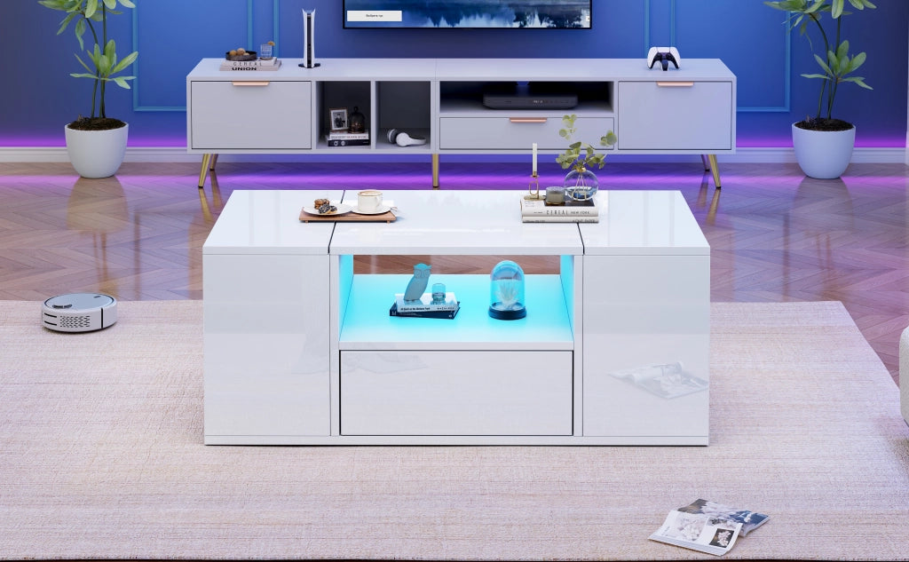 TAVOLINO DA SALOTTO 100 x 50 x 40 cm Bianco lucido con LED