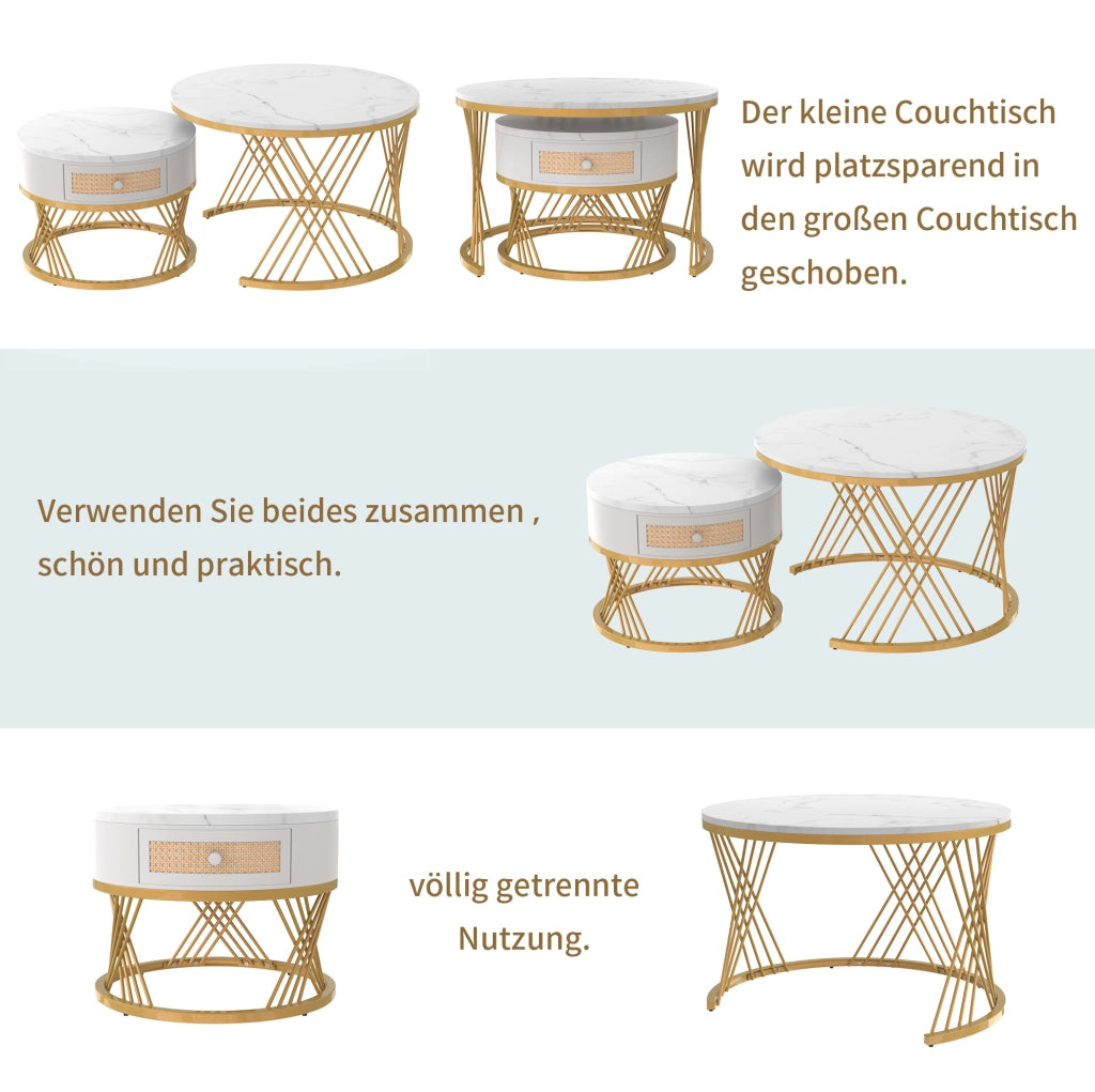 Set di tavolini rotondi 2 pezzi in MDF bianco e oro con cassetto