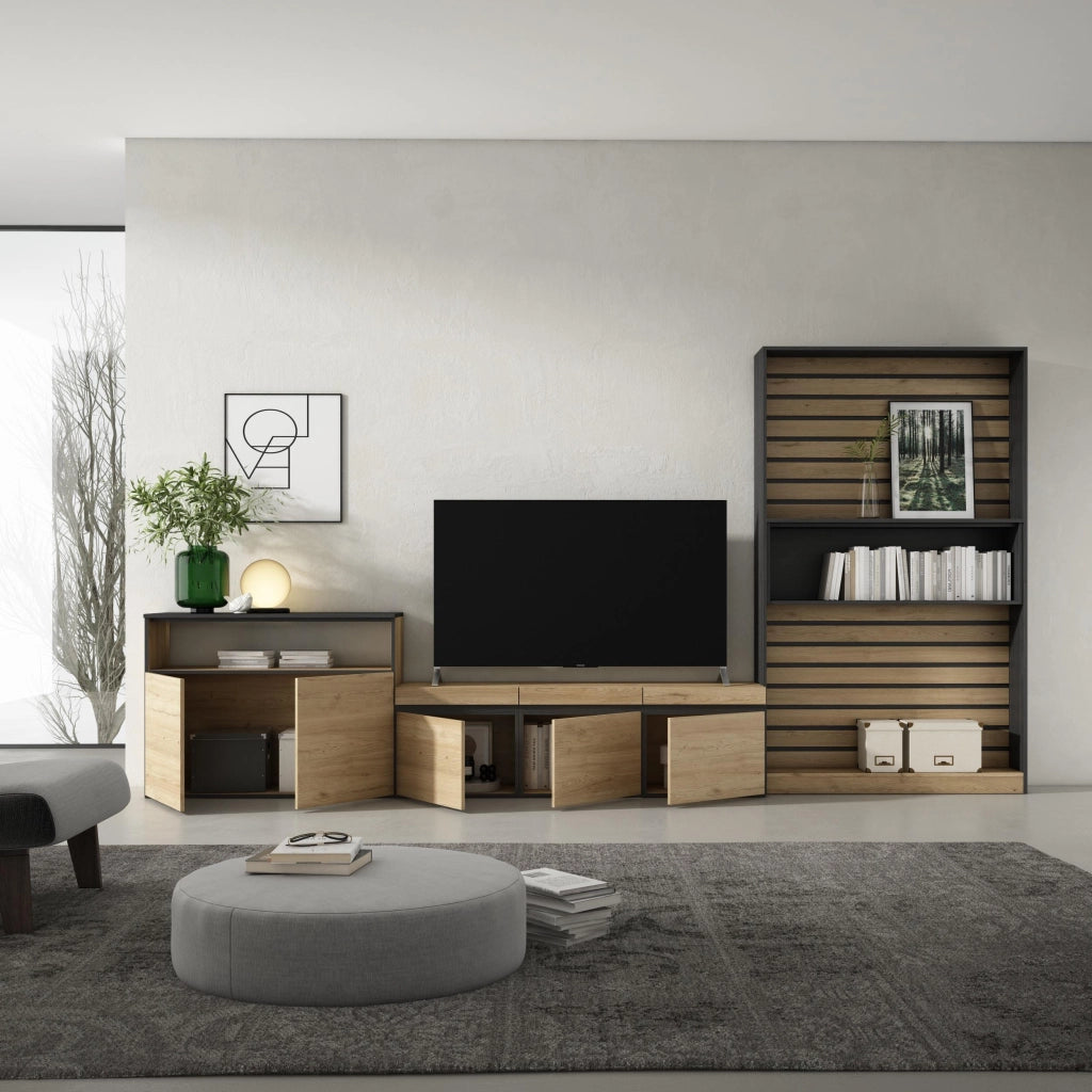 Mobile TV, Soggiorno, 360x35x186cm, Per TV fino a 65", Set di mobili, colore Rovere e nero RF3162