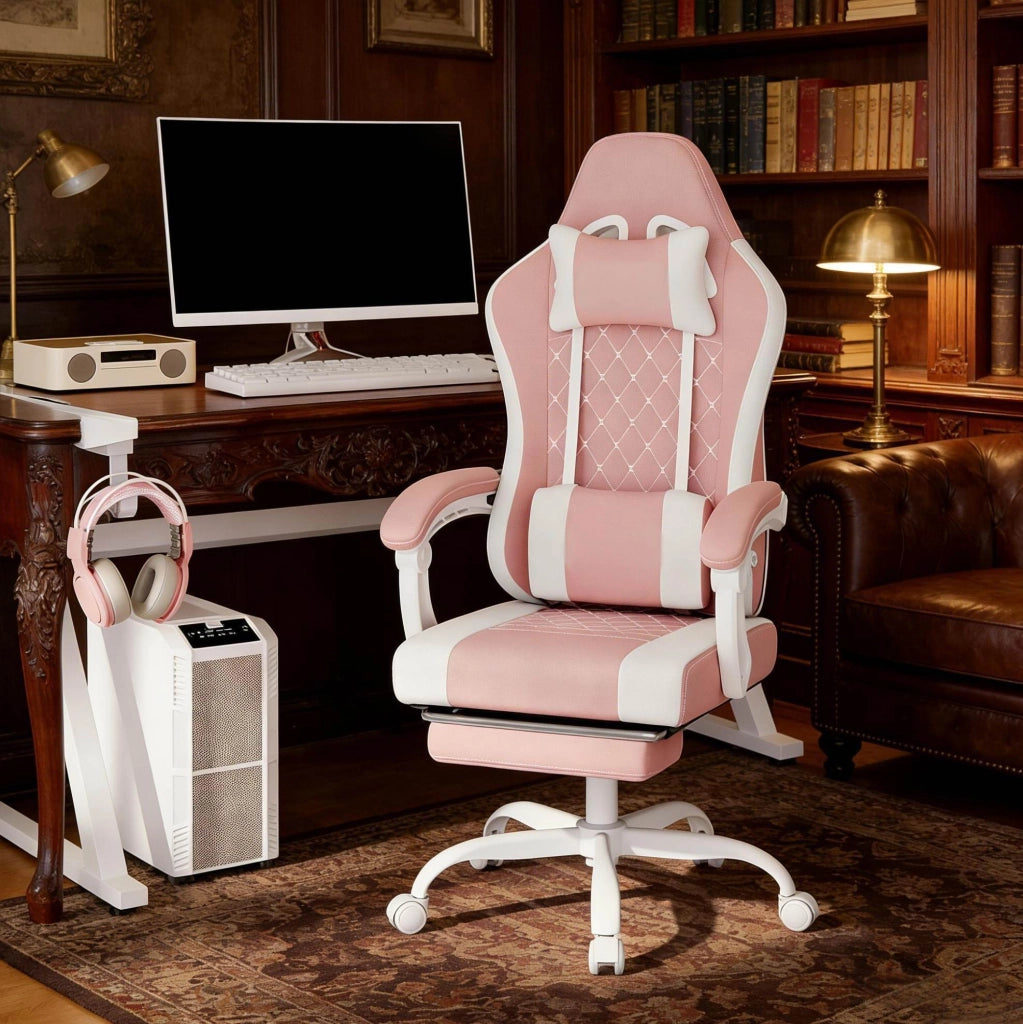 Sedia da ufficio ergonomica rosa e bianca con massaggio