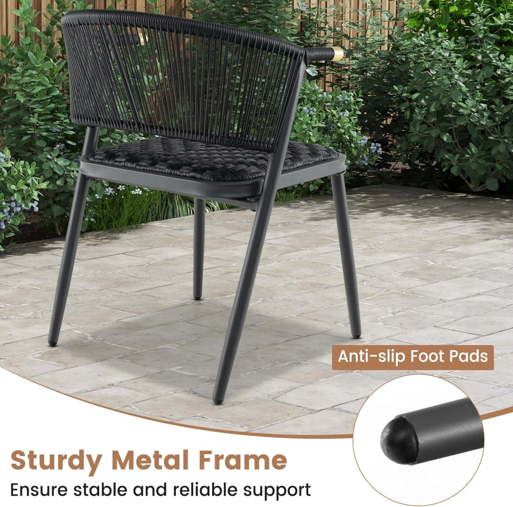 Set di mobili da giardino 3 pezzi, set da bistrot in rattan, 2 sedie imbottite e tavolino da caffè con piano in vetro temperato, per terrazza, patio, balcone, colore nero