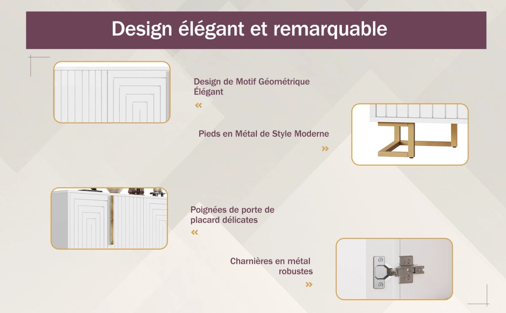 Sideboard bianco 152x40x75 cm, design geometrico, maniglie e piedi dorati