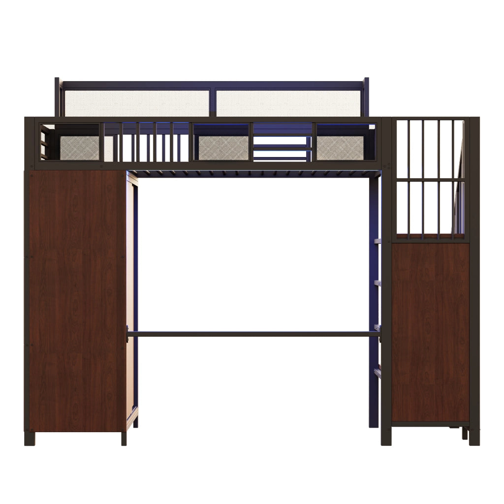 Letto a soppalco in metallo 90 x 200 cm con armadio, scala di sicurezza, LED e vani contenitivi, nero