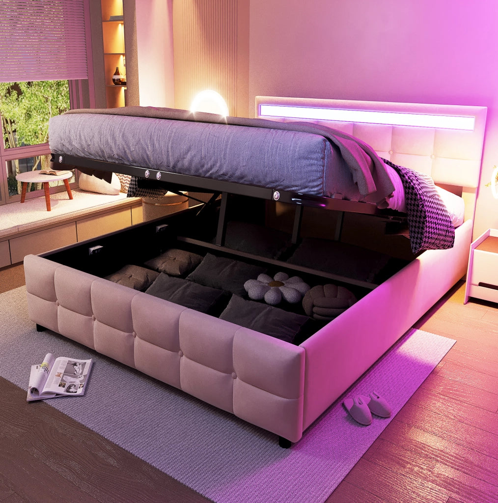 Letto imbottito 180x200 cm con LED e vano contenitore idraulico
