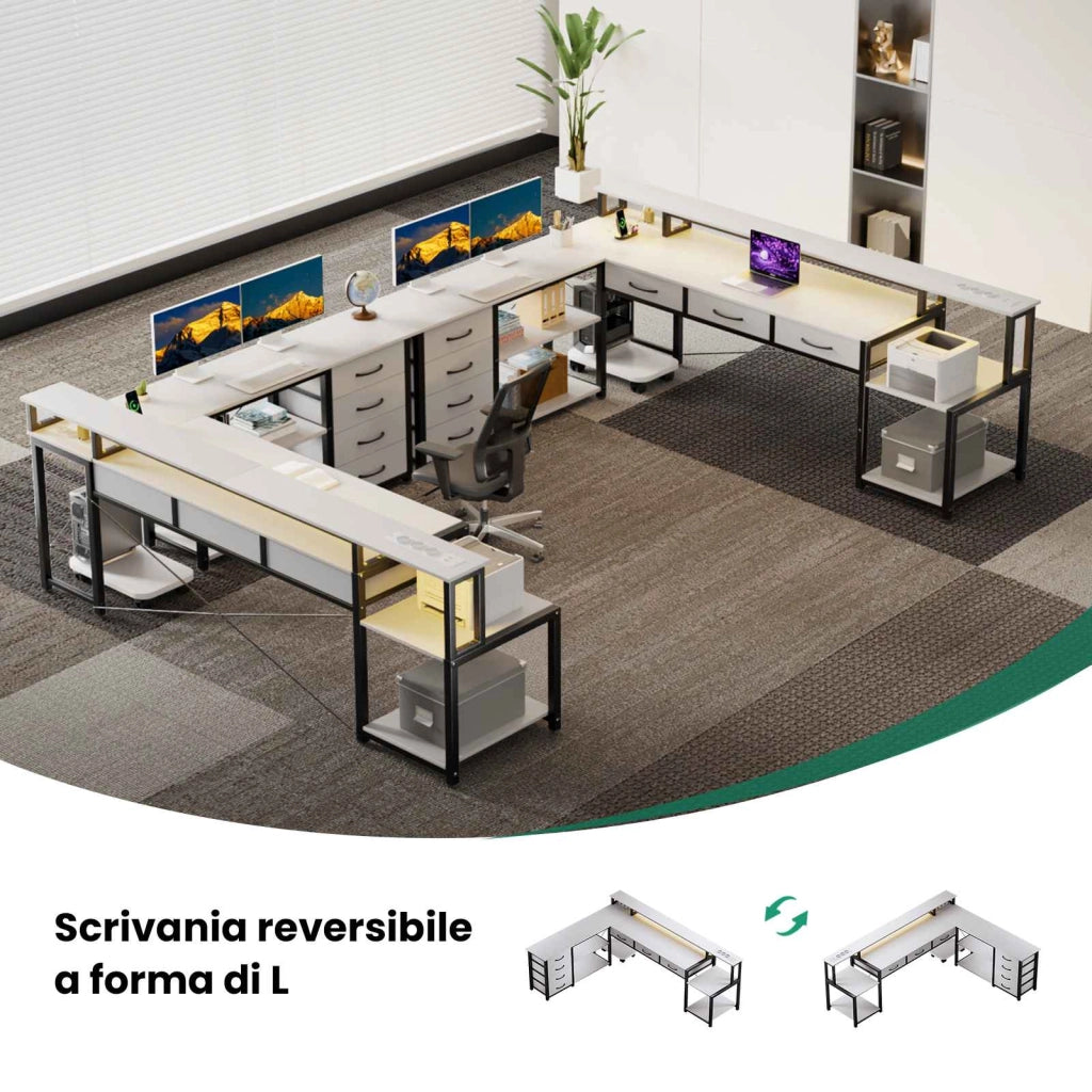 Scrivania per computer a L, scrivania da gaming, con cassetti, prese di corrente integrate, luci d'atmosfera, nera