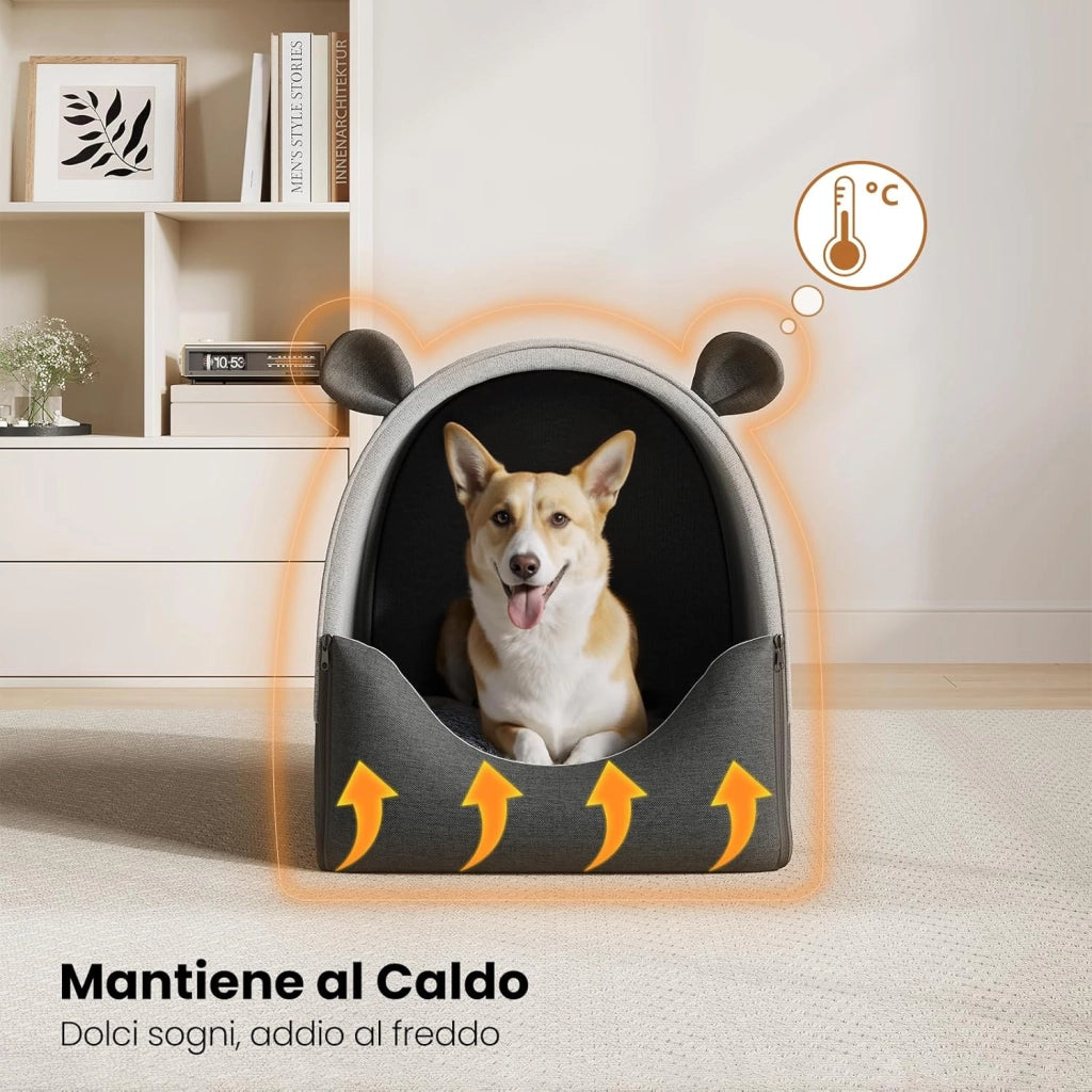 Cuccia per Gatti Cani 2-in-1 Grande Casetta per Animali Domestici con Cuscino,Cuccia per Cani Interno Esterno Resistente all'inverno,Casa Morbida e Calda per Animali Randagi 65x55x60cm