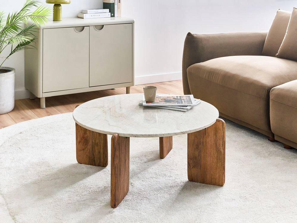 Tavolino con piano in marmo beige chiaro e gambe in legno di mango 80 cm stile moderno rotondo soggiorno