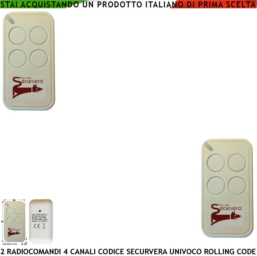 Comandoradio 2 Telecomandi 4 canali Frequenza di Trasmissione 433,92 MHz Potenza Trasmessa 1 mW Codifica di Sicurezza Univoca Securvera Led Segnalazione