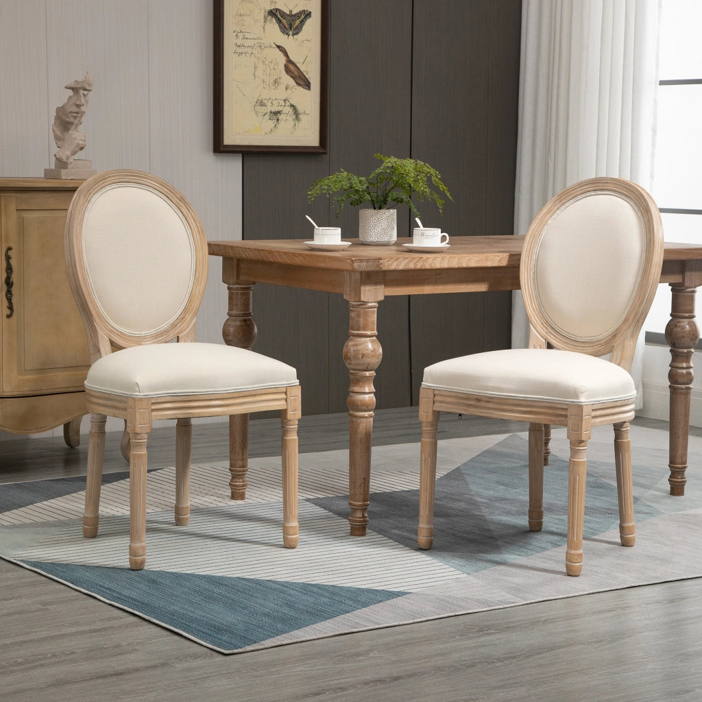 Easycomfort Set 2 Sedie Imbottite da Pranzo, Sedie per Soggiorno Stile Vintage Rétro in Legno e Tessuto Effetto Lino Bianco Panna 49x56x96cm