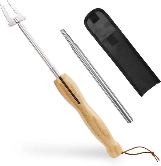 Bastoncino per griglia in acciaio inossidabile telescopico con manico di legno retrattile - 81 cm - accessori per barbecue, hot dog, campeggio e fuoco di campo.