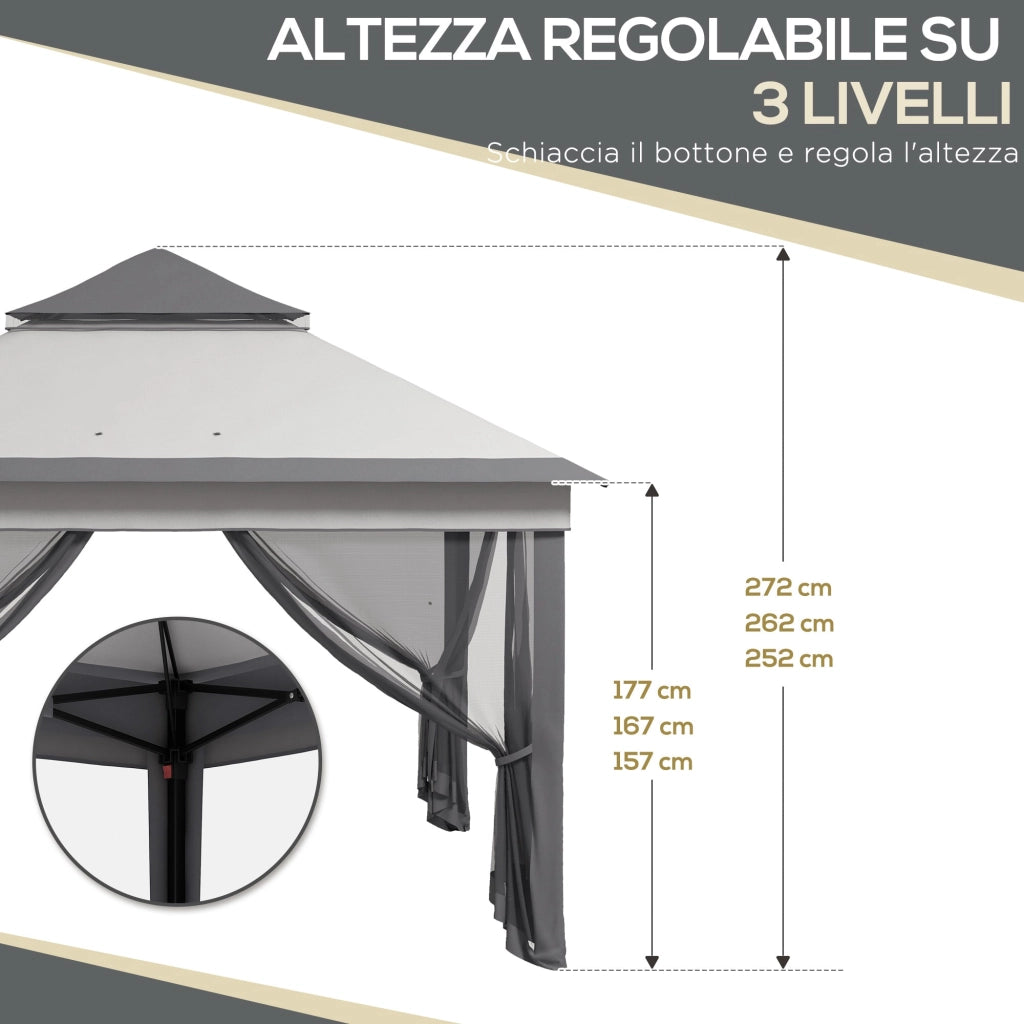 Gazebo da Giardino 326x326x272 cm Altezza Regolabile e Zanzariere Grigio Chiaro e Scuro