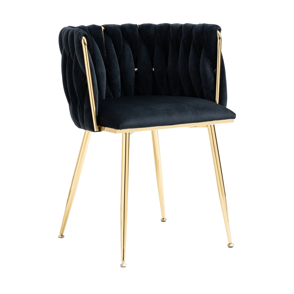 Sedia da pranzo in velluto nero con gambe in metallo dorato, design intrecciato dello schienale e struttura stabile