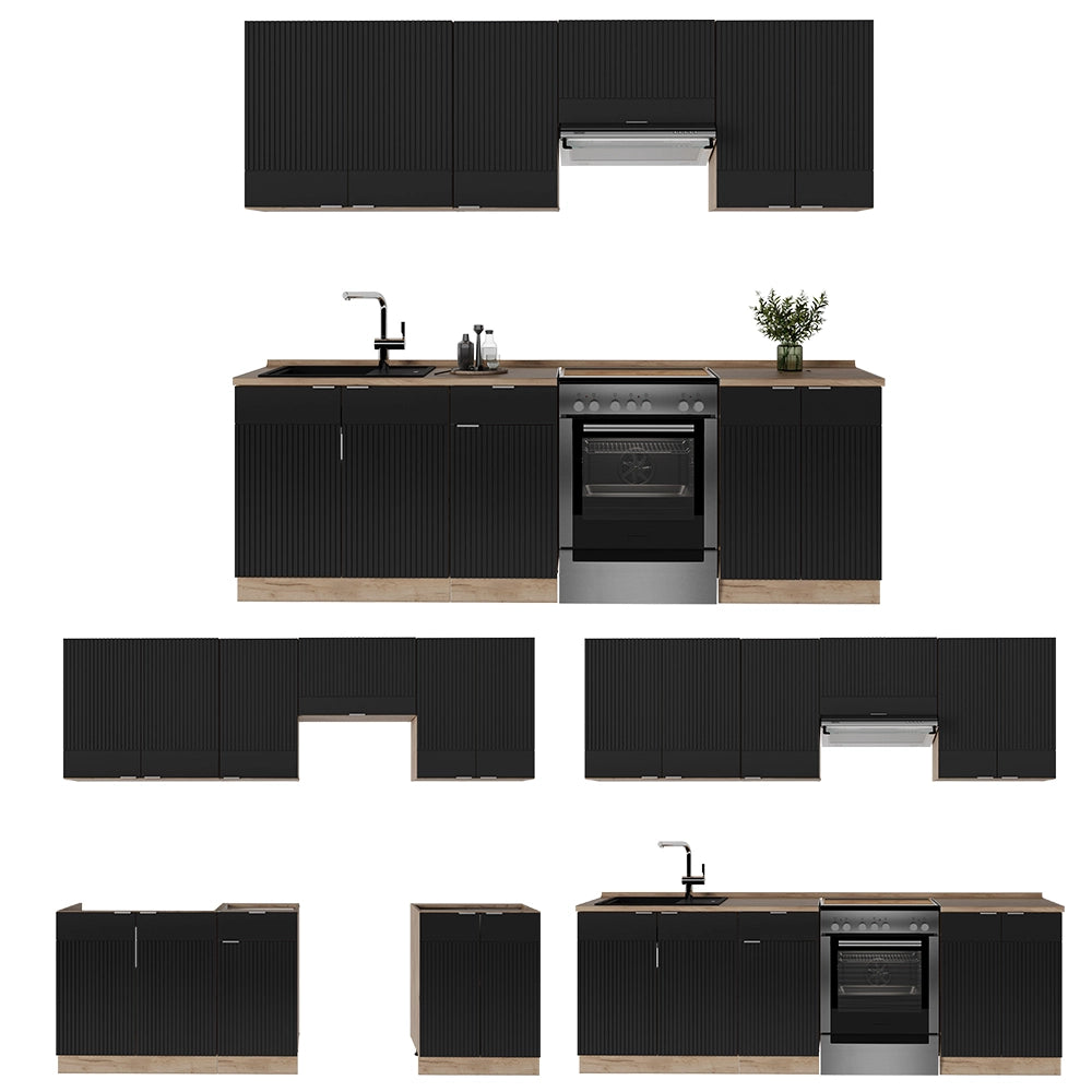 Cucina componibile Fame-Line Nero rigato/Rovere dorato 240 cm, PL Marmo Vicco