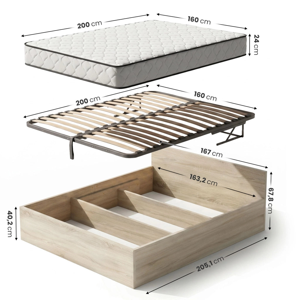 Letto con contenitore 160x200 cm rete sollevabile in metallo e materasso a molle Rovere Sonoma