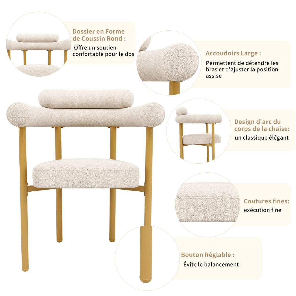 Sedia da sala da pranzo in velluto con seduta ampia e schienale ergonomico, struttura in metallo beige 70 × 62 × 84 cm