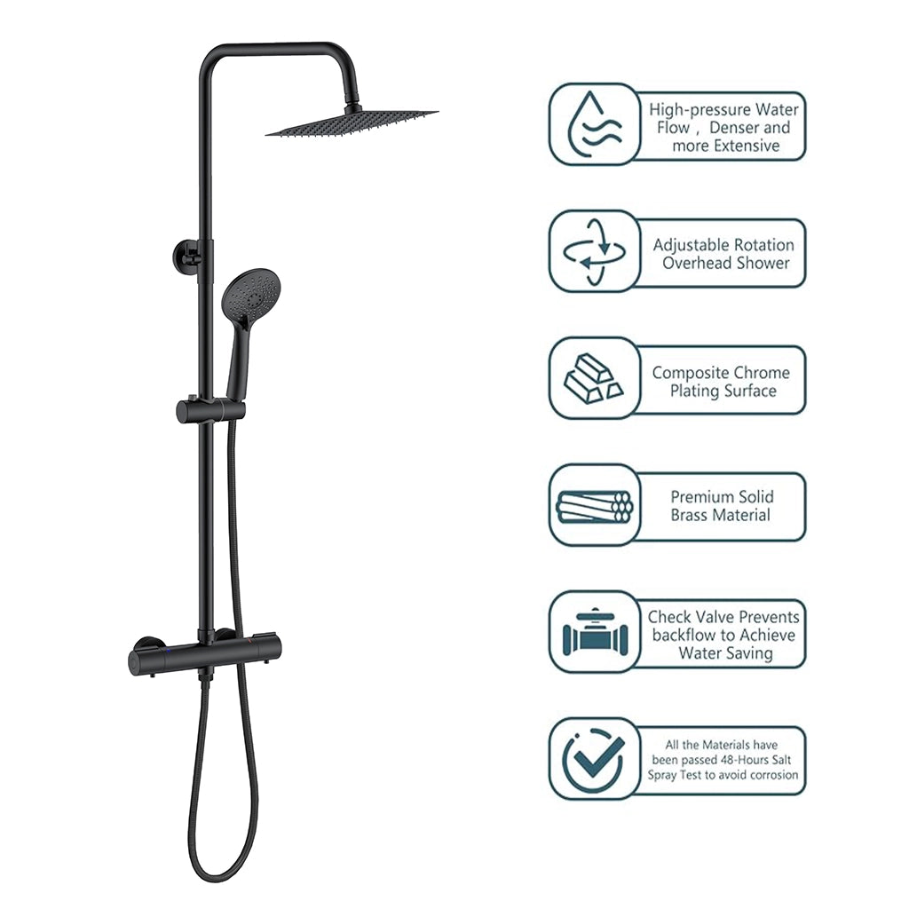 AICAIT Colonna doccia rotonda con soffione quadrato 20x20cm in acciaio inox nero, sistema doccia a 38℃ antiscottature
