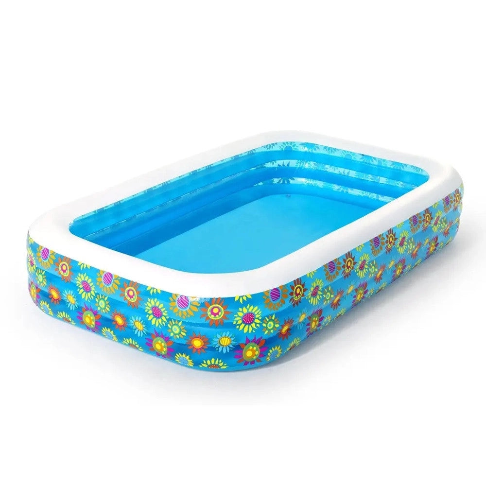 Trade Shop - Piscina Gonfiabile Family Rettangolare A 3 Anelli Decoro Fiori 305x183x56 Cm 54121 -