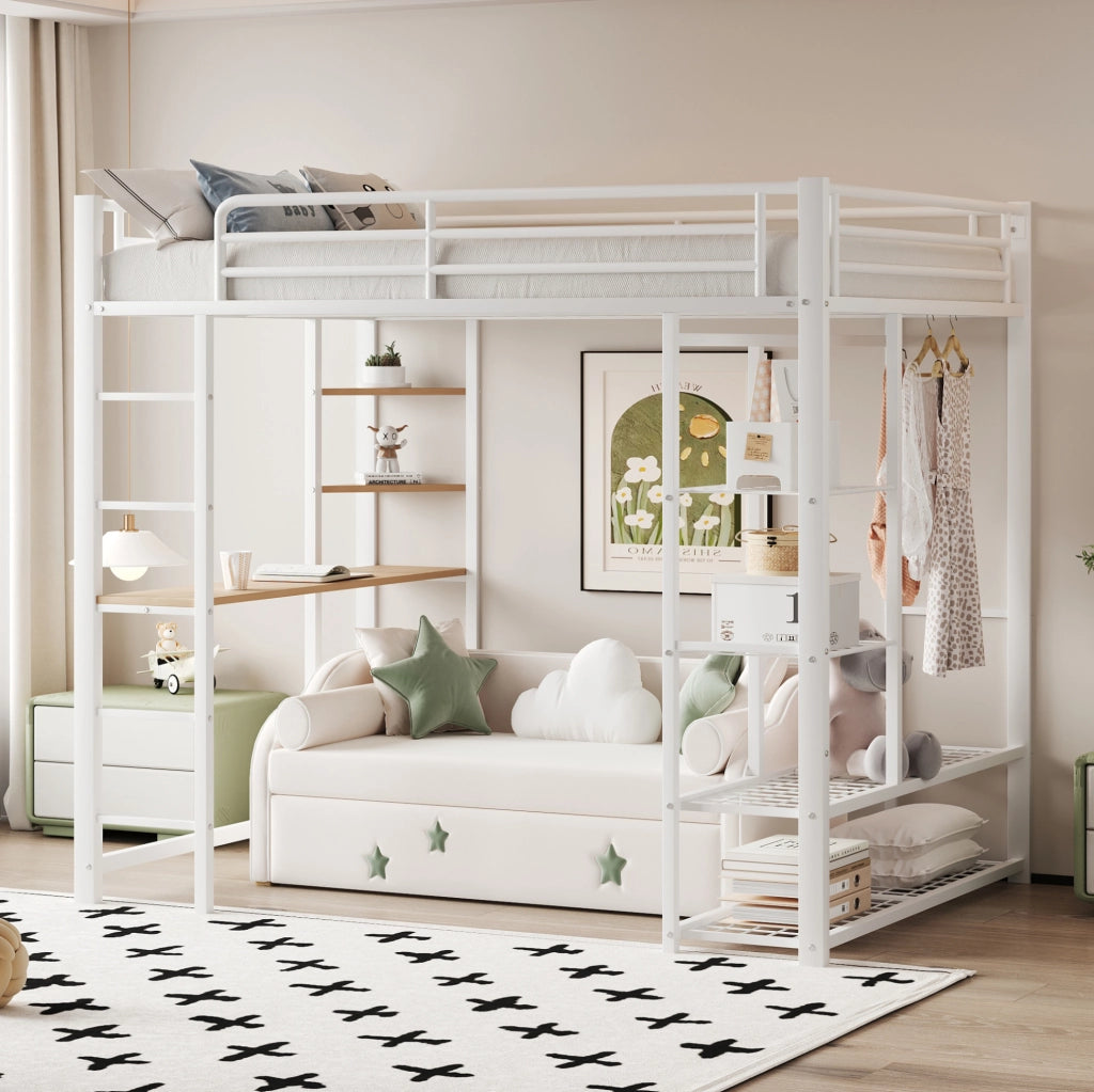 Letto a soppalco multifunzionale 90x200 cm con scrivania, armadio e ripiani