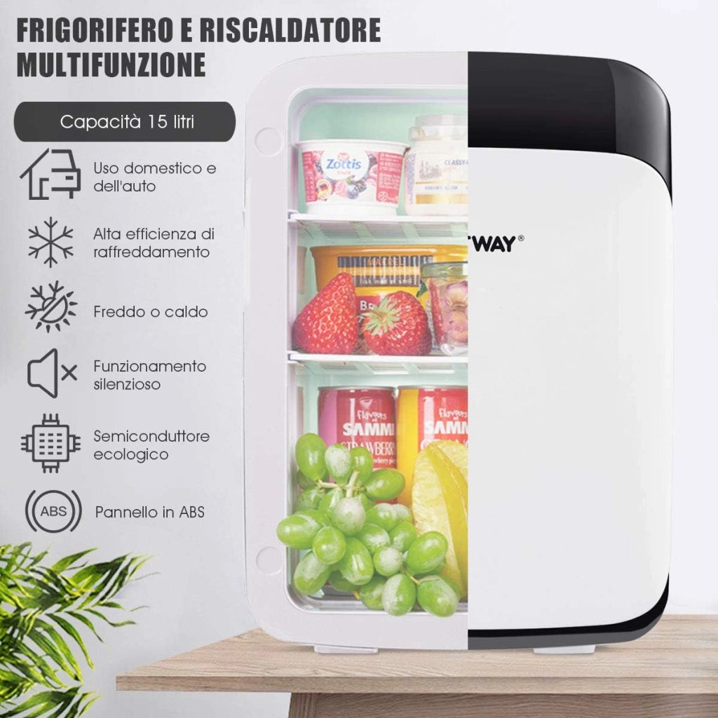Mini Frigorifero Elettrico 15L, Funzione Caldo e Freddo, Mini frigo per Casa Auto Ufficio e Dormitorio, Prese Incluse, DC 12V/AC 220-240V, 27 x 33 x 38 cm (Bianco)