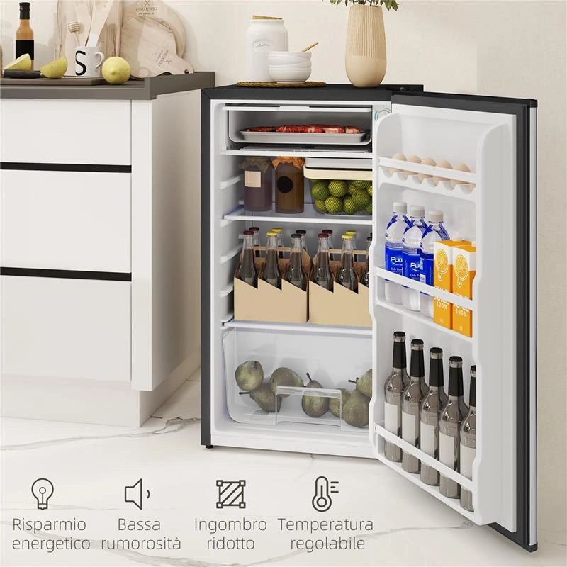 FRIGORIFERO PICCOLO DA 91L CON TERMOSTATO REGOLABILE RIPIANI REGOLABILI E CASSETTO 47.5X44.2X84 CM ARGENTO