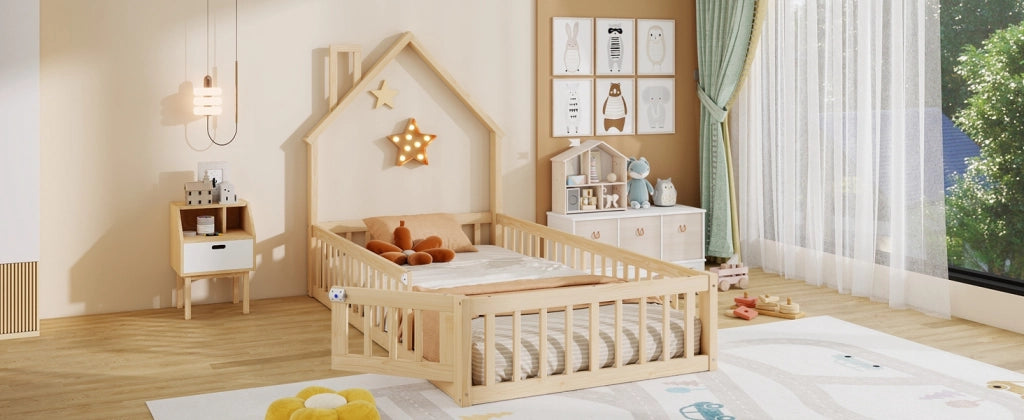 DESMIU Letto per bambini 1 posto con barriera di sicurezza e design a camino, 90 × 200 cm, senza materasso