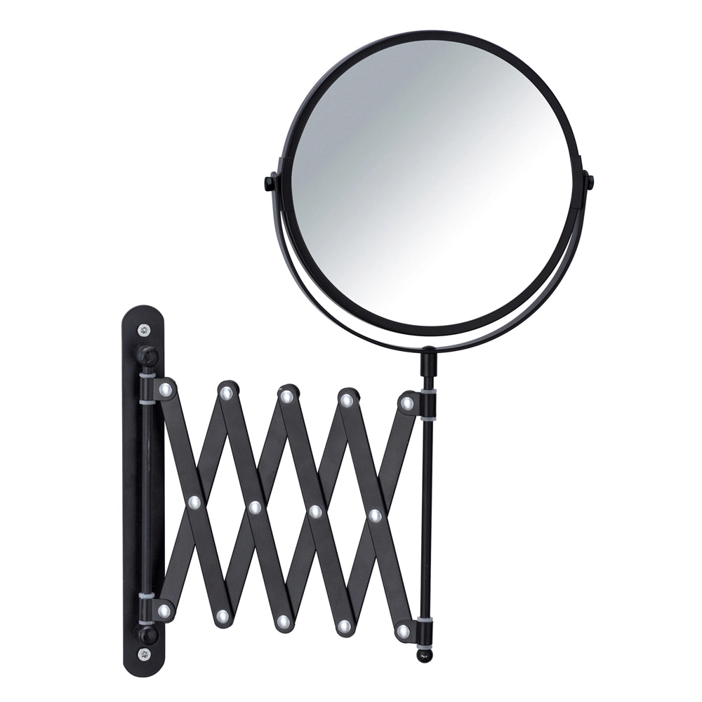 Specchio da trucco a parete in acciaio inox nero con braccio telescopico e ingranditore 3x