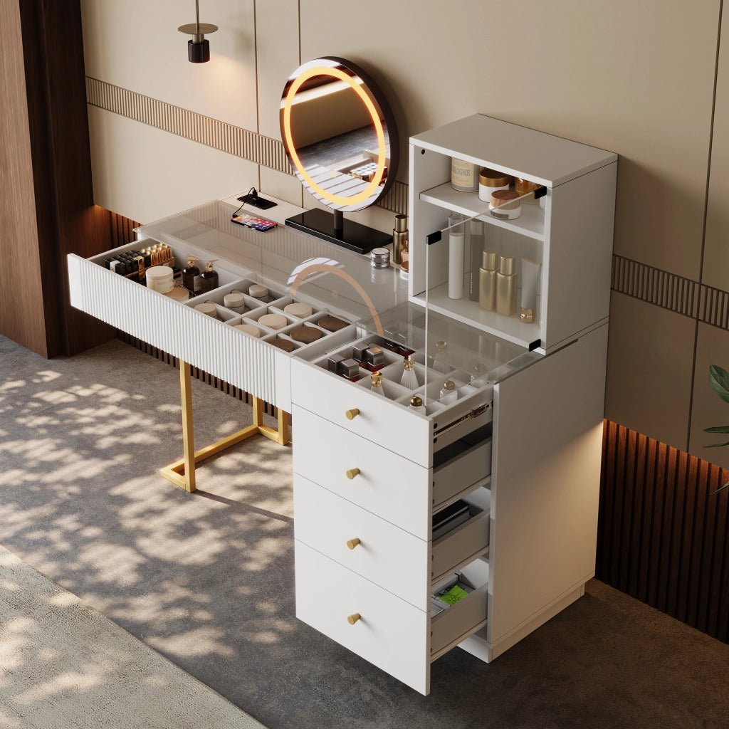 Set toeletta moderno con specchio LED, 5 cassetti, armadietto con anta in vetro e piano in vetro temperato, bianco, 120 x 40 x 120 cm