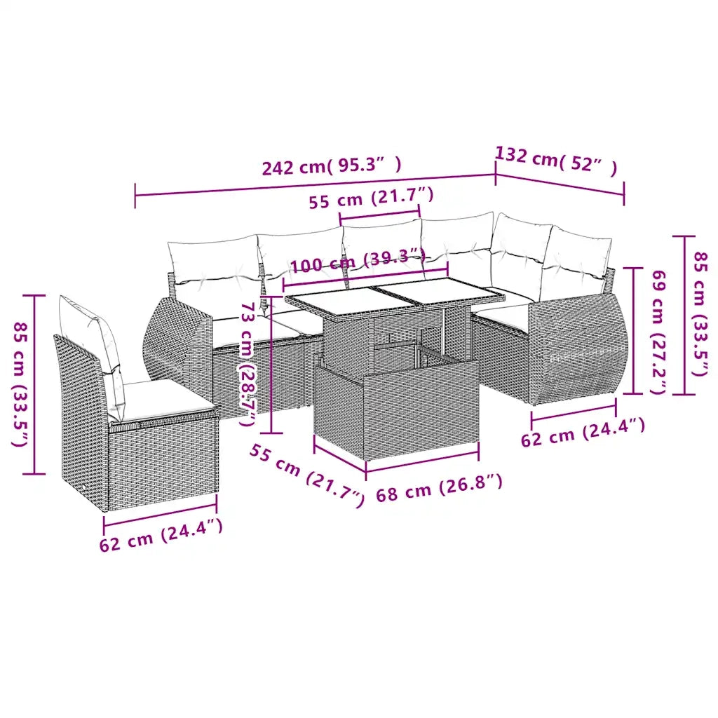 Set Divani da Giardino 7 pz con Cuscini Marrone in Polyrattan 3268574
