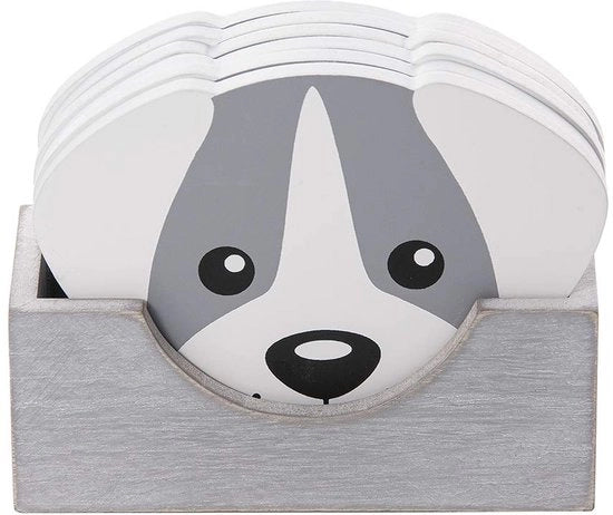 Sottopanchine per bicchieri con disegno di cani, set da 6 sottopanchine in legno per bicchieri con astuccio, sottopanchine per bicchieri, accessori per la casa e regali decorativi per gli amanti dei cani - grigio