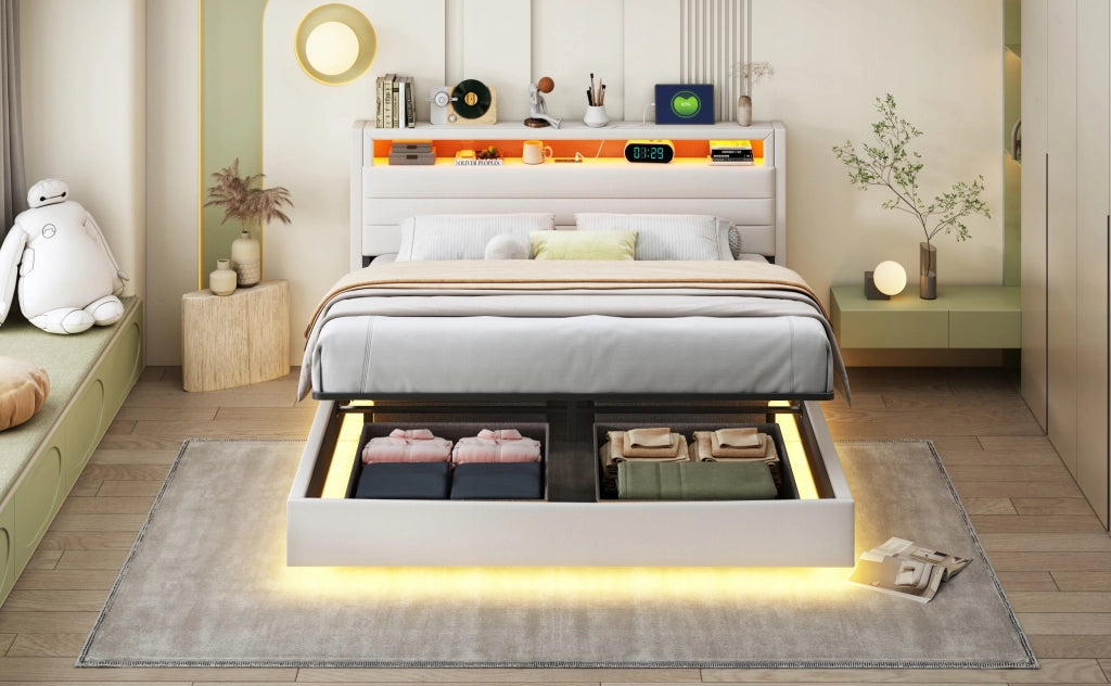Letto matrimoniale idraulico con LED - Xylo - 160x200 - Beige
