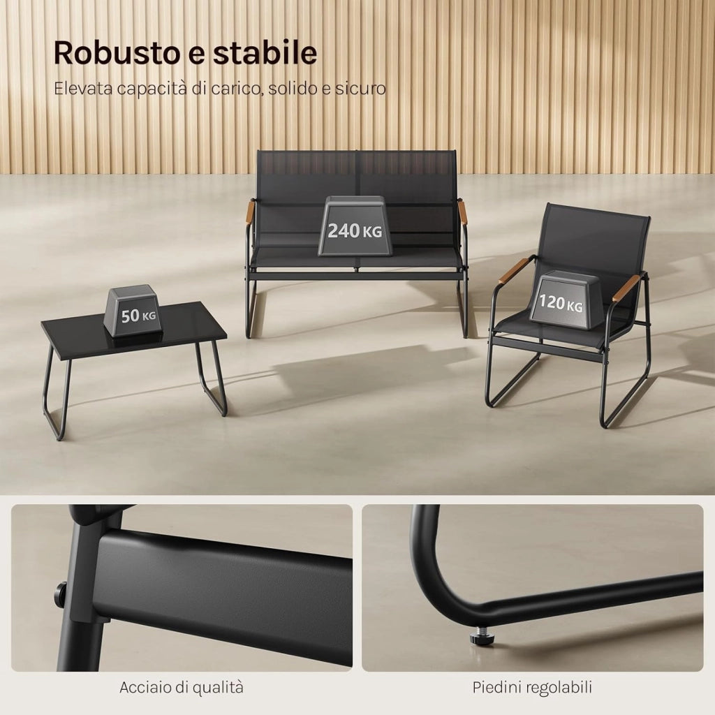 Set di Mobili da Esterno 4 Pezzi, Tavolo, Divano e 2 Sedie, Salotto da Giardino Resistente alle Intemperie, Struttura in Metallo, Tessuto Traspirante, per Balcone, Patio, Terrazza, Nero