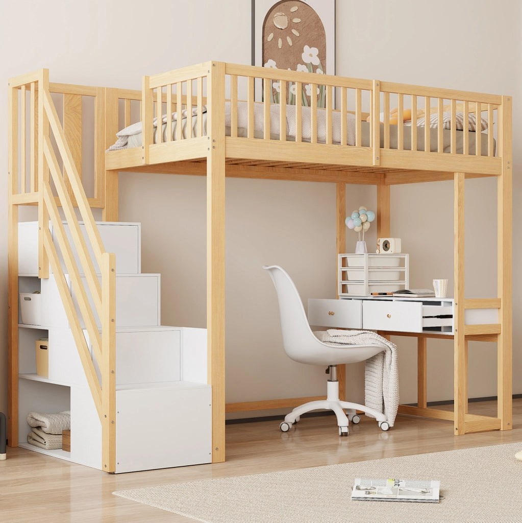 Letto a soppalco 90x200 cm con tavolo multifunzione e scala contenitore in legno bianco e rovere chiaro