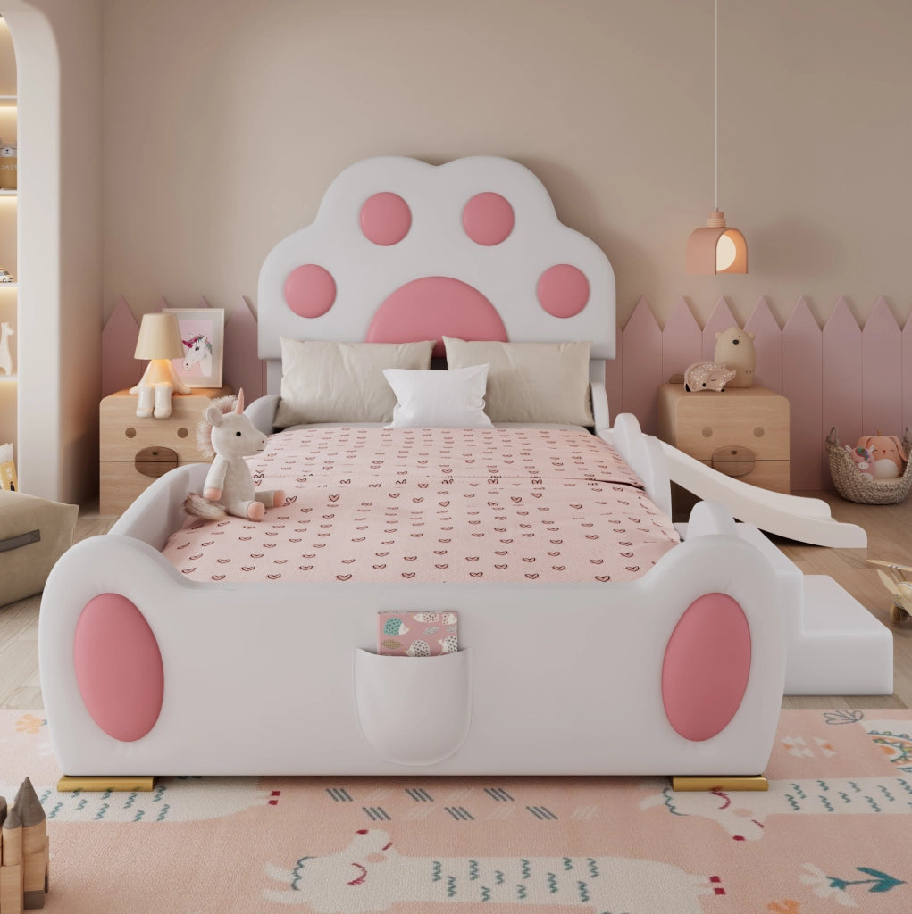 Letto singolo 90x200 cm bianco e rosa in PU con scivolo e scala
