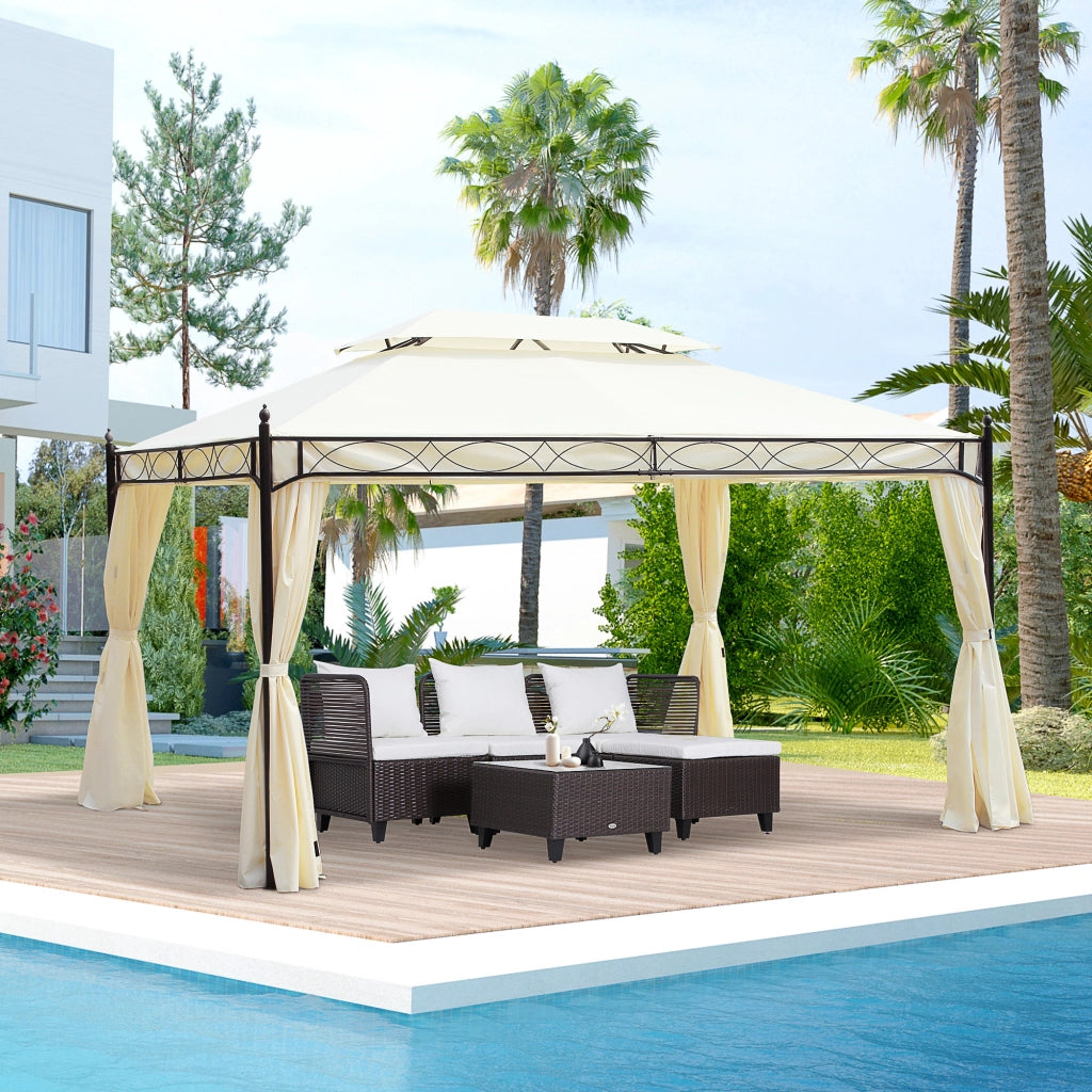 Gazebo da Giardino 3x4m ¨C Xylo ¨C Acciaio Crema con Doppio Tetto e 4 Tende Laterali