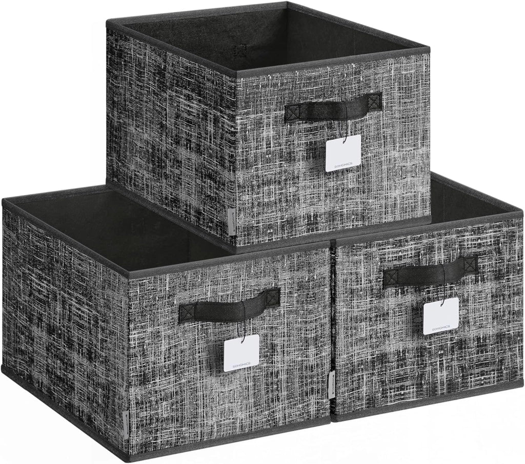 SONGMICS Scatole portaoggetti ROB440B01: Organizzatori di spogliatoio pieghevoli in tessuto non tessuto e PP, 3 unità da 40 x 30 x 24 cm, 29 litri, Nero Inchiostro