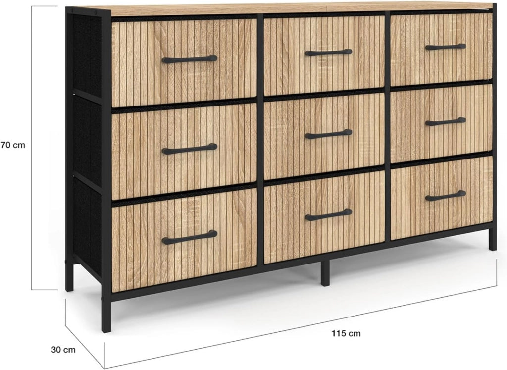 Cassettiera in tessuto a 9 cassetti UTAH 115 CM, mobile contenitore di design industriale con effetto a doghe