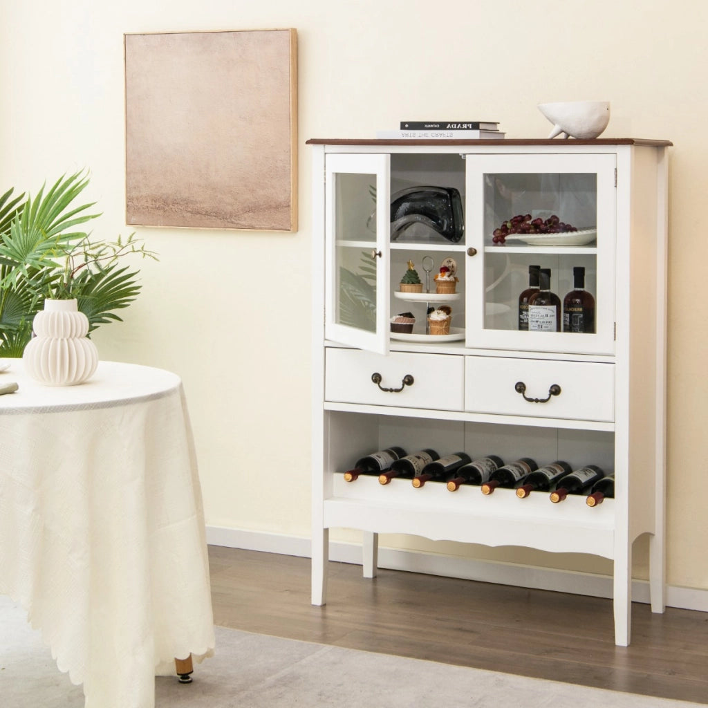 Mobile contenitore indipendente con 2 porte in vetro 2 cassetti, Stazione bar ad angolo per sala da pranzo Bianco-Credenze buffet
